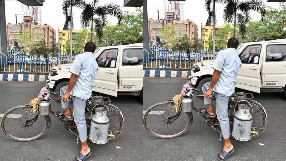 बंगाल में दूध वाले से बात करते हुए अखिलेश यादव की फोटो हुई वायरल, ट्विटर पर लोगों ने ली चुटकी