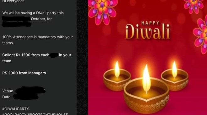 दिवाली पार्टी के लिए कंपनी ने कर्मचारियों से मांगे पैसे, इंटरनेट पर वायरल हुई चैट, यूजर्स बोले- भिखमंगी कॉर्पोरेट