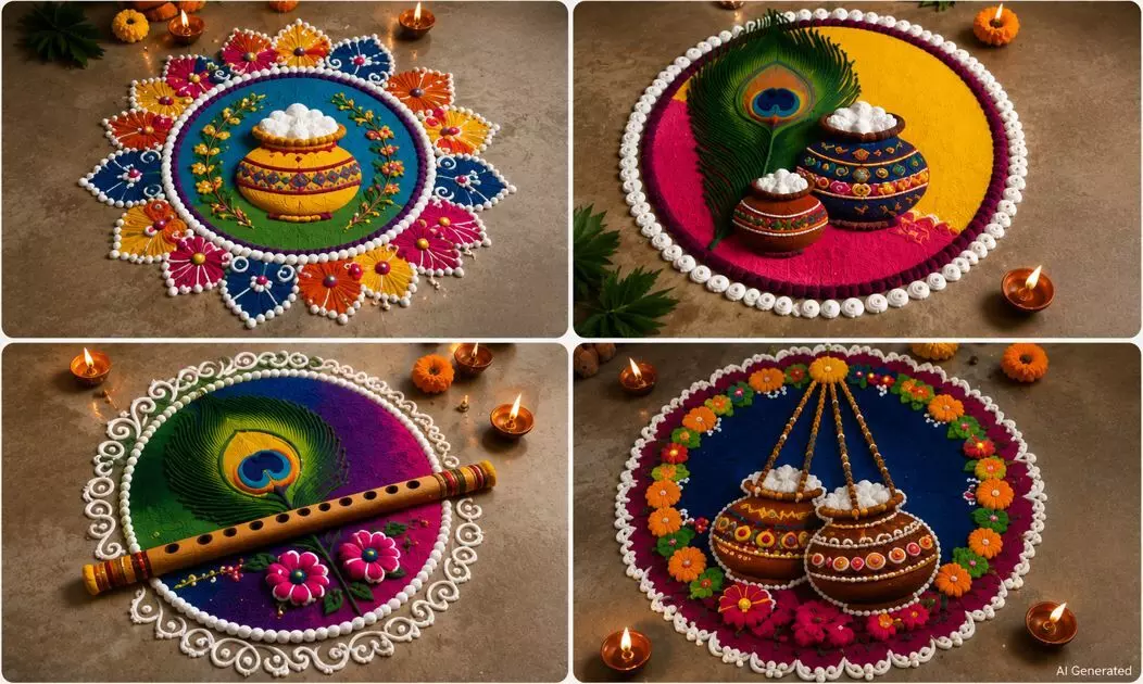 Janmashtami Rangoli Designs: जन्माष्टमी पर मंदिर के पास बनाएं ये 4 आसान रंगोली, कान्हा के स्वागत में खिल उठेगा आंगन