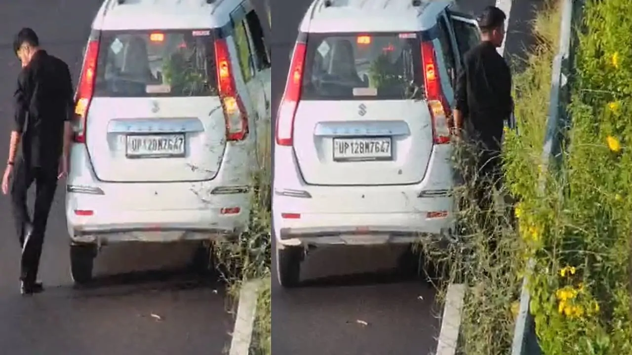 दिल्ली-देहरादून एक्सप्रेसवे पर पौधे की चोरी! ‘POLICE’ लिखी कार से आया शख्स, उखाड़कर ले गया