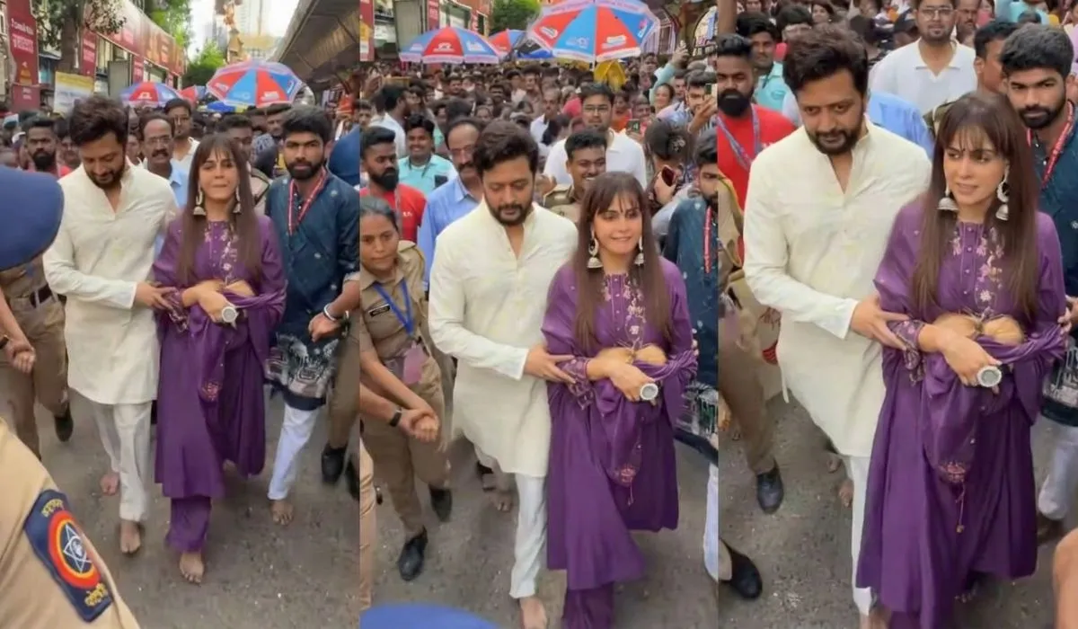भारी भीड़ के बीच नंगे पैर लालबागचा राजा पहुंचे रितेश-जेनेलिया, बप्पा का लिया आशीर्वाद, पर्पल एथनिक लुक में छाईं एक्ट्रेस