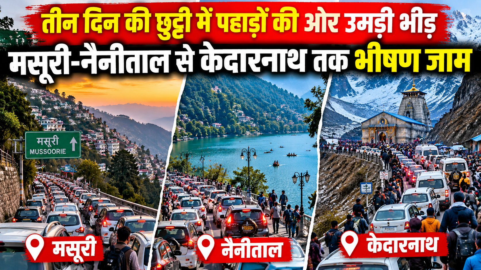 तीन दिन की छुट्टी में पहाड़ों की ओर उमड़ी भीड़, मसूरी-नैनीताल से केदारनाथ तक भीषण जाम